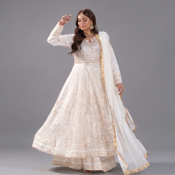 Radiant Ivory and Gold Embellished Anarkali Set
