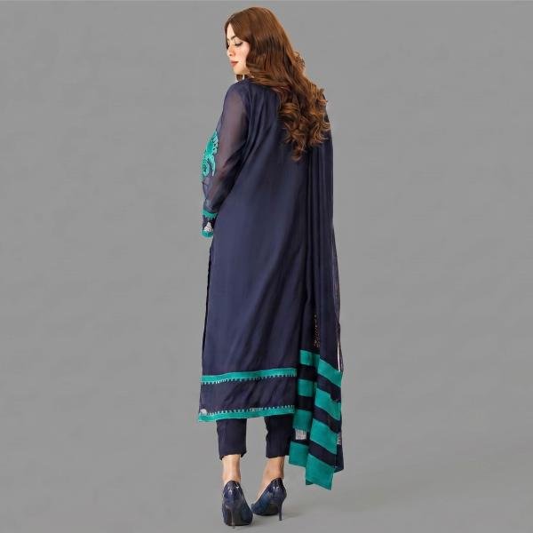 Cobalt Blue Silk Ensemble with Aquamarine Floral Appliqué