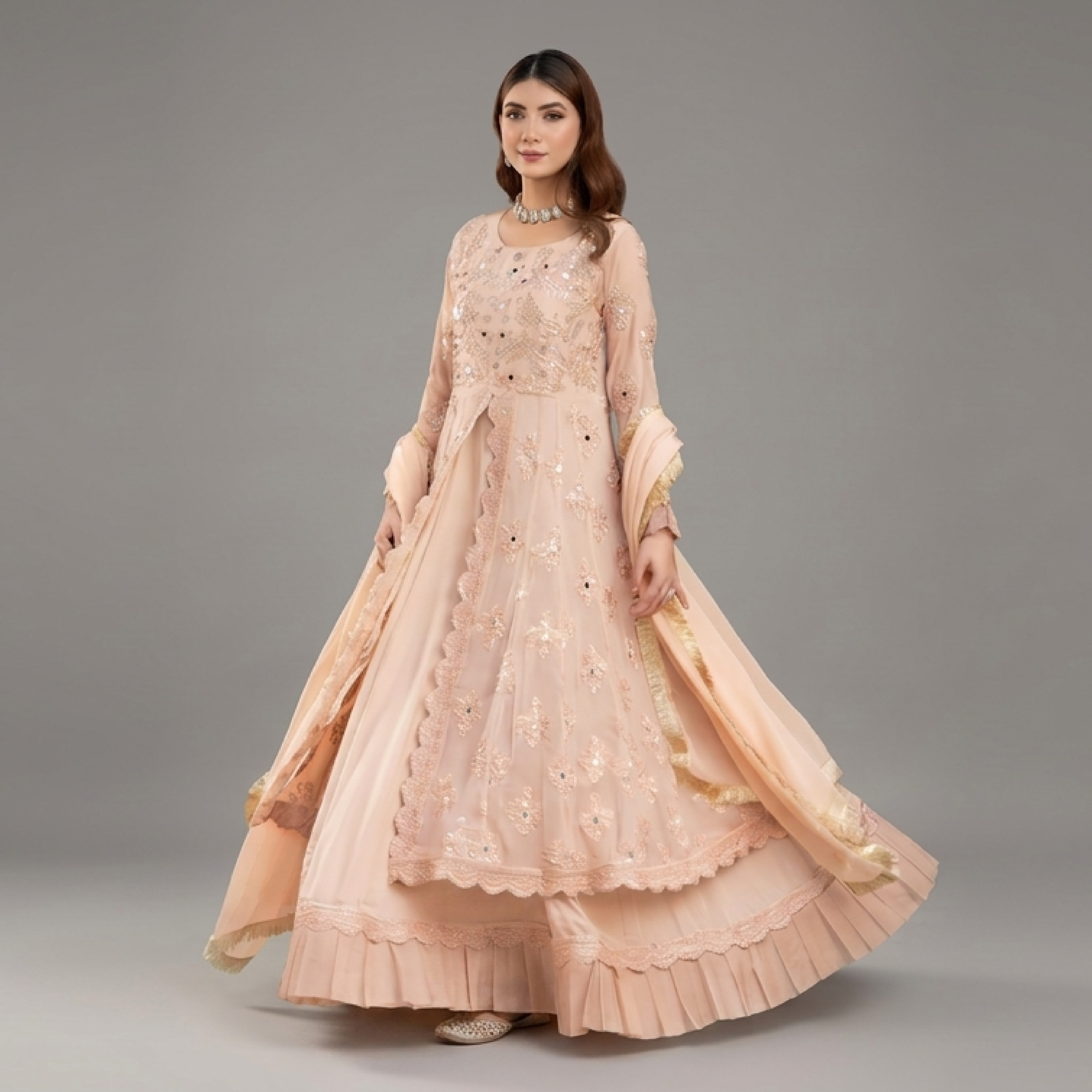 Embellished Peach Anarkali Set