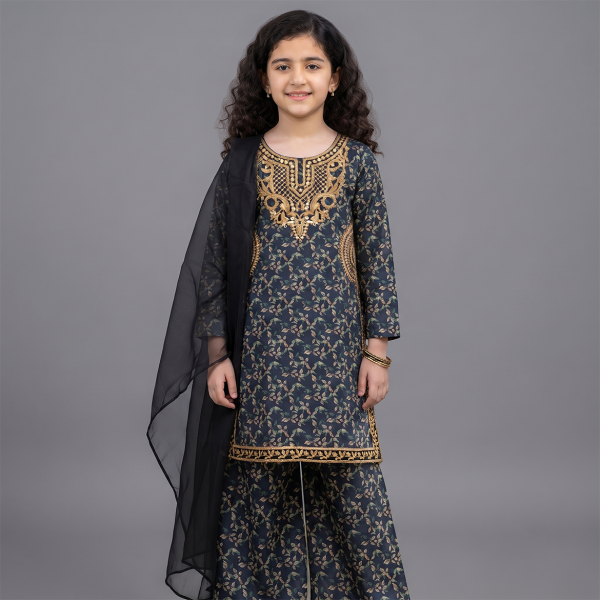 Navy Gold Embroidered Girls Suit