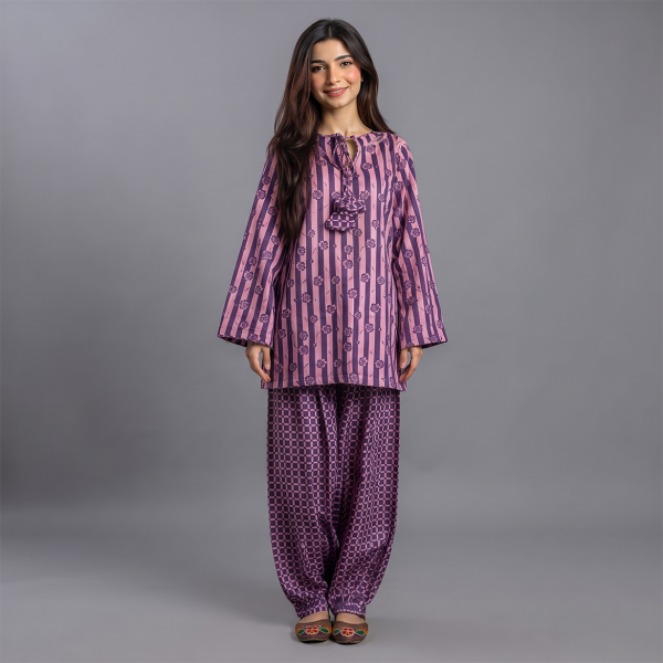 Purple & Pink Striped Cotton Suit