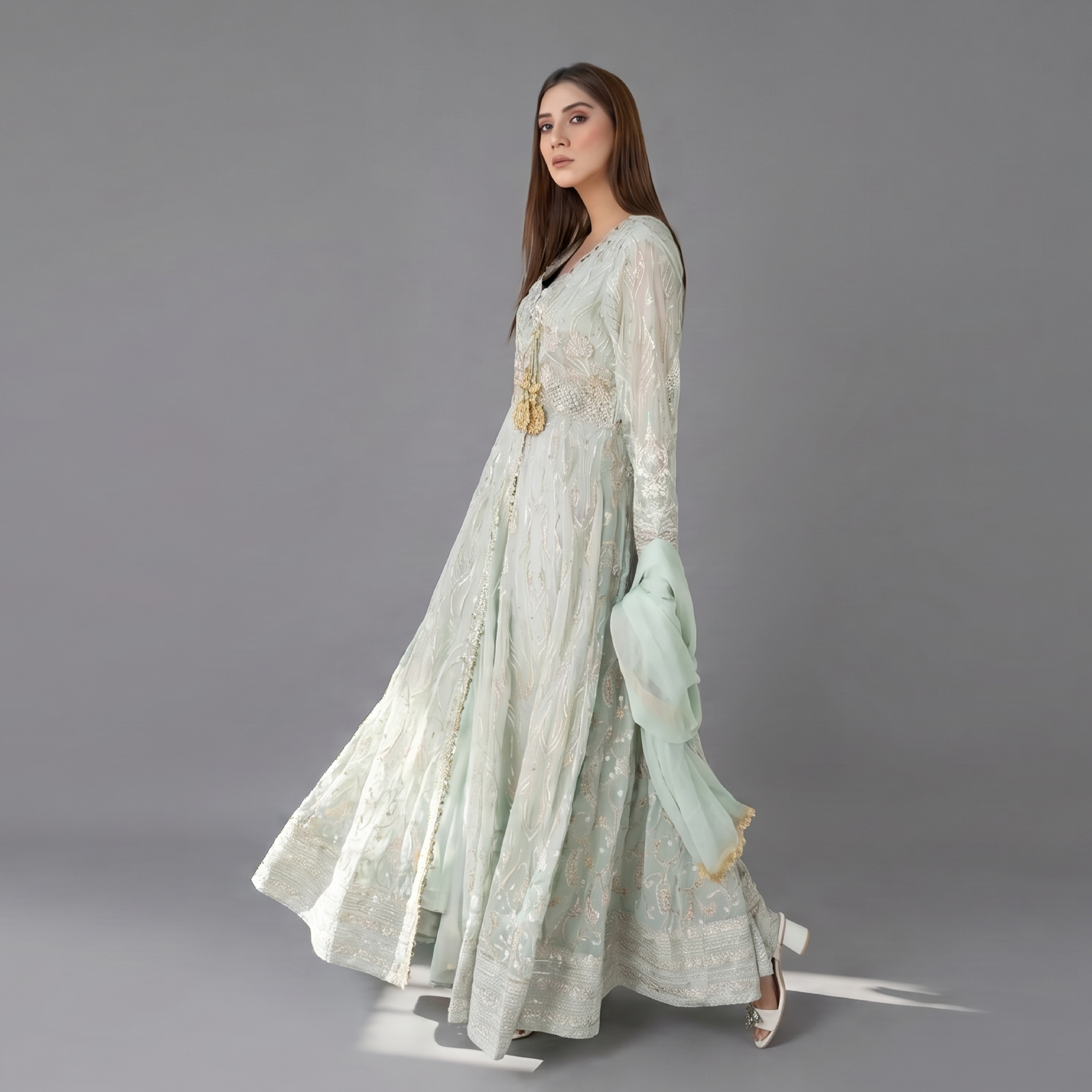 Mint Embroidered Angrakha Set