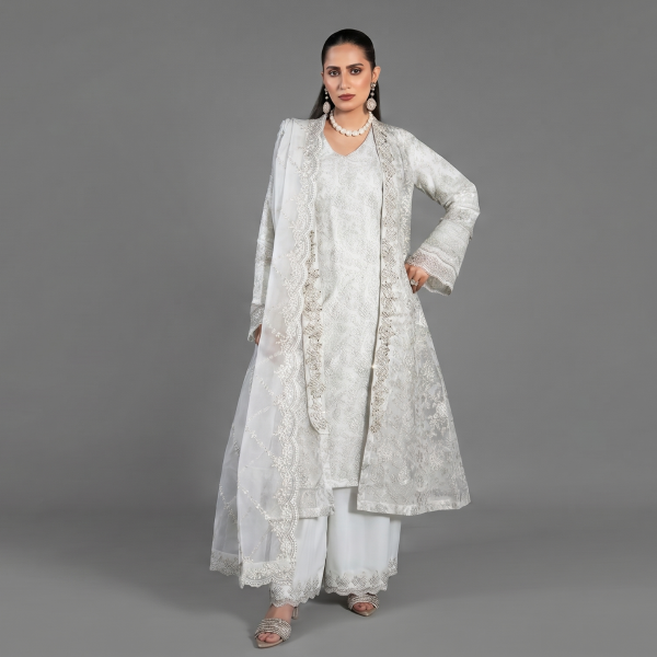 Ethereal Ivory Embroidered Ensemble with Coordinating Dupatta