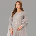 Celestial Dove Grey Organza Ensemble with Silver Chikankari Embroidery