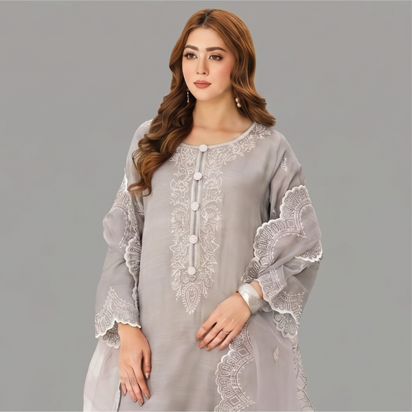 Celestial Dove Grey Organza Ensemble with Silver Chikankari Embroidery