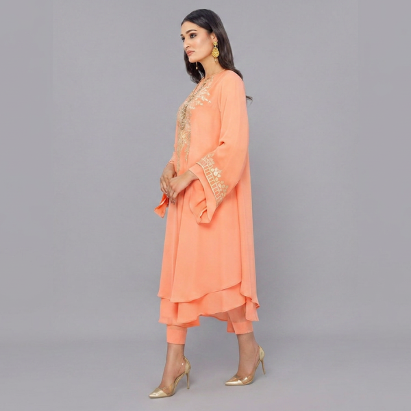 Radiant Peach Layered Kurta Set with Gold Tilla Neckline