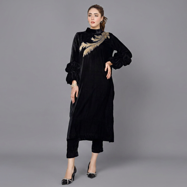 Onyx Velvet Co-Ord Set with Golden Fern Embroidery