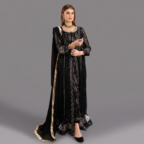 Manahil Shimmering Crimson Black 3-Piece Festive Sequin Gown Set
