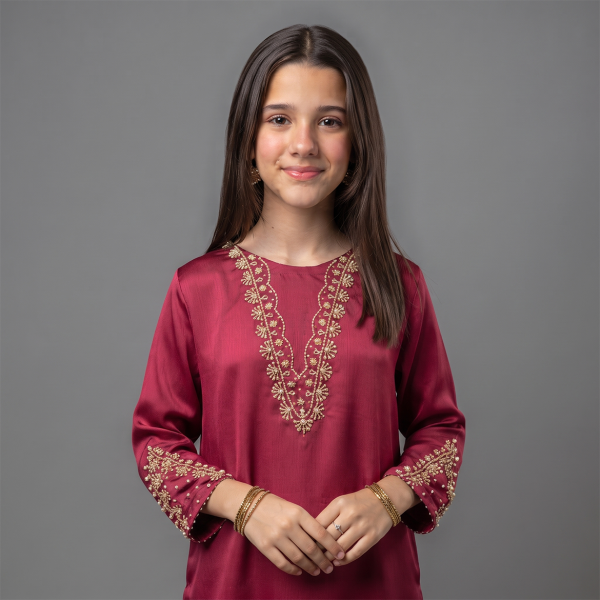 Maroon Elegance Embroidered Girls' Kurta & Shalwar