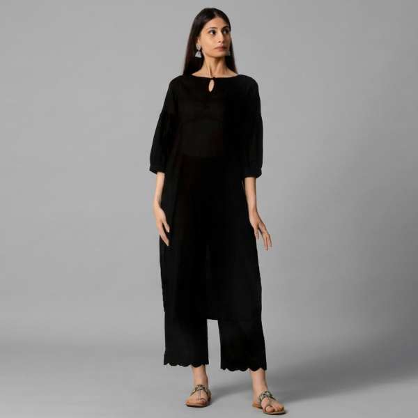 Premium Black 3-Piece Festive Suite with Monochrome Geometric Dupatta
