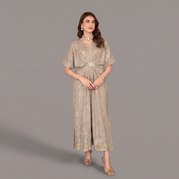 Shimmering Taupe Kaftan-Style Maxi Dress – Embellished Occasion Wear
