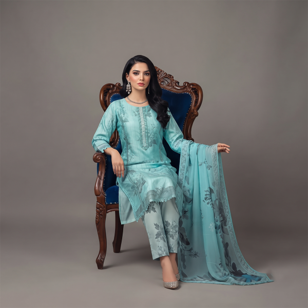 Aqua Blue Floral Embroidered 3-Piece Suit