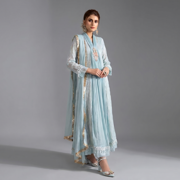 Elegant Powder Blue Embellished Anarkali Suit Set