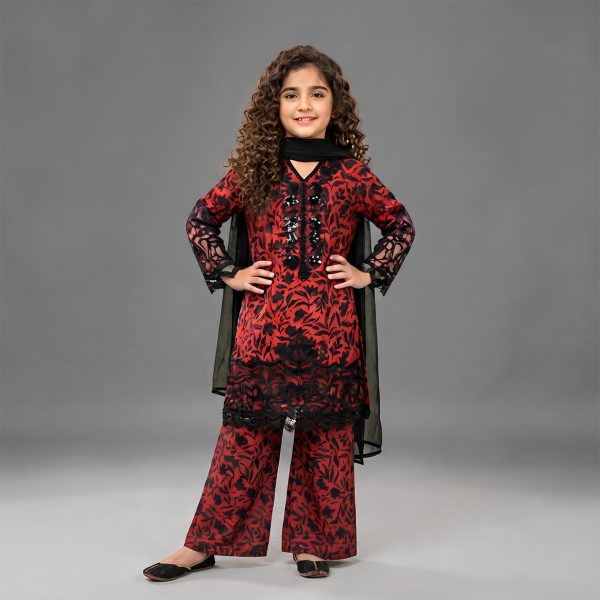 Crimson Red & Black Embroidered Girls’ 3-Piece Suit