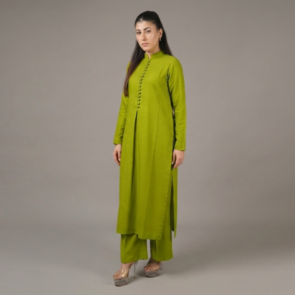 Lime Green Co-ord Set with Minimalist Button-Down Detail