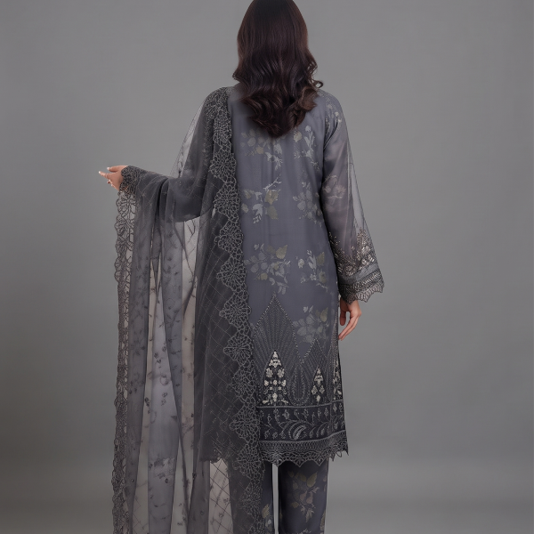 Charcoal Grey Embroidered Organza Three-Piece Suit