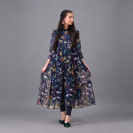 Navy Blue Floral Tiered Chiffon Suit