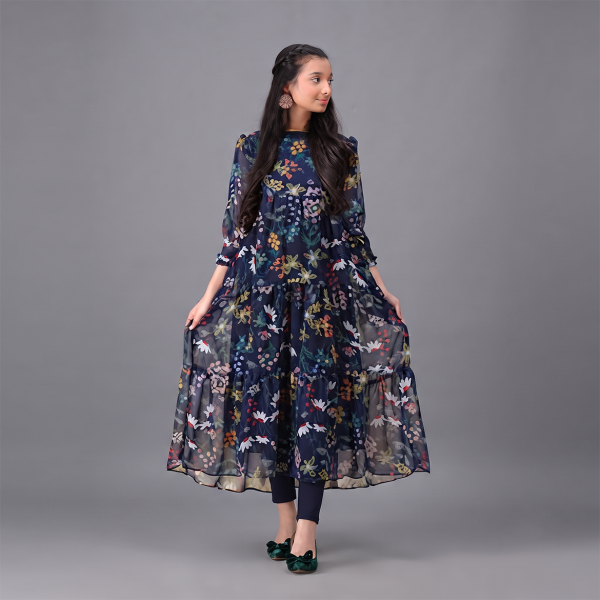 Navy Blue Floral Tiered Chiffon Suit