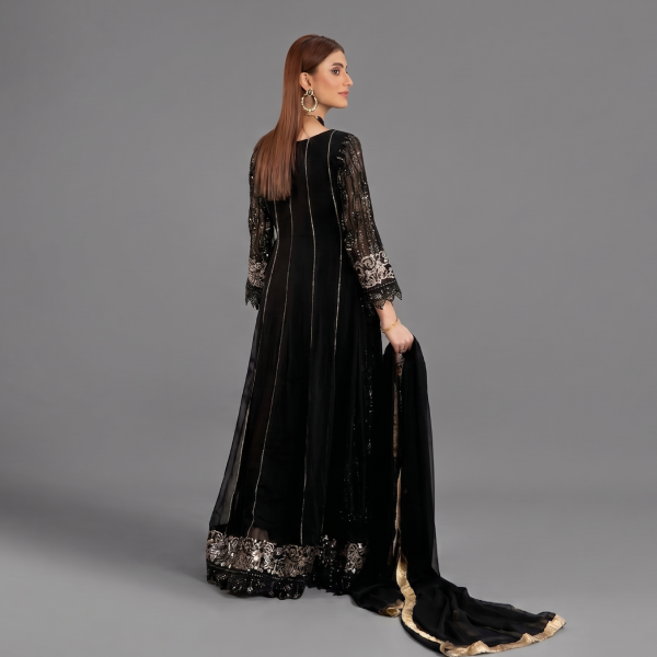 Manahil Shimmering Crimson Black 3-Piece Festive Sequin Gown Set