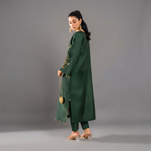 Dark Green Embroidered Silk Suit