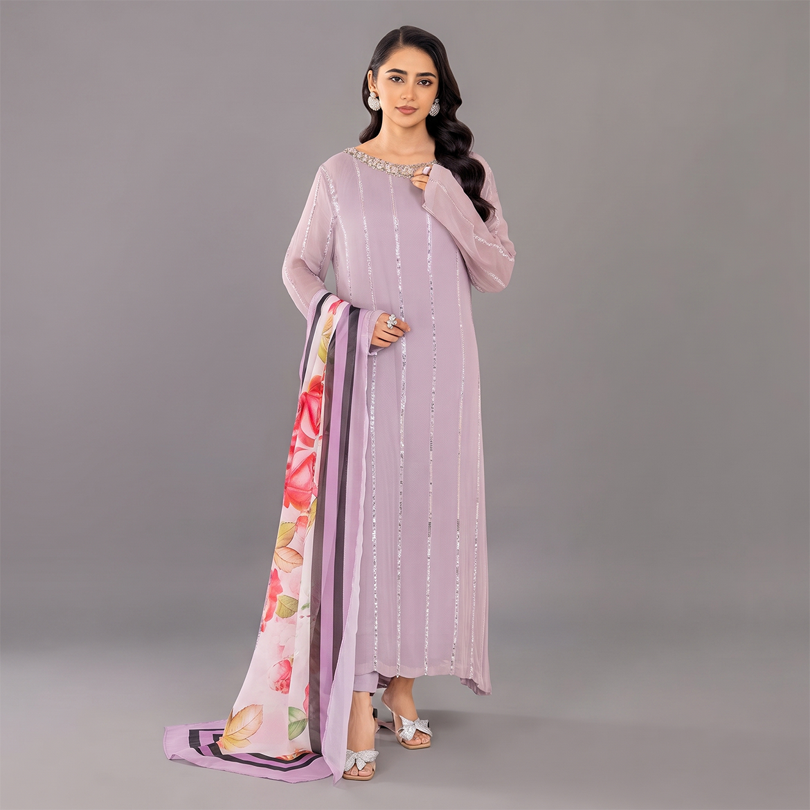 Lavender Embellished Tunic and Printed Dupatta Set