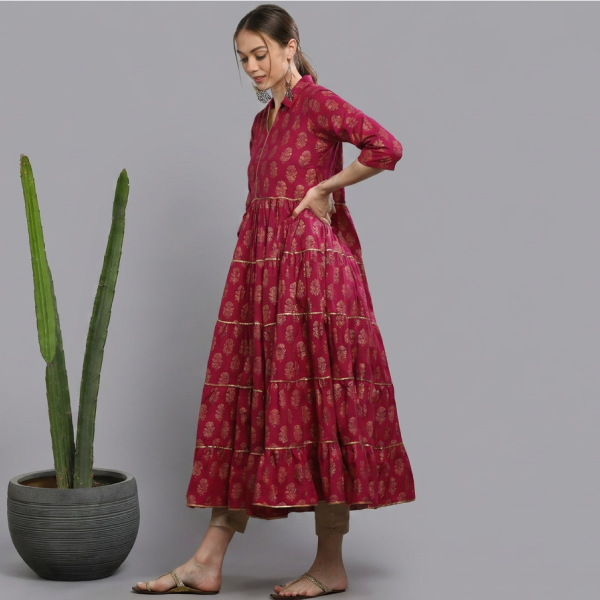 Pink Block-Printed Tiered Maxi Dress