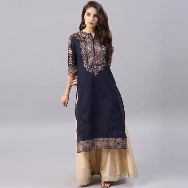 Navy and Gold Embroidered Kurta Lehenga Set