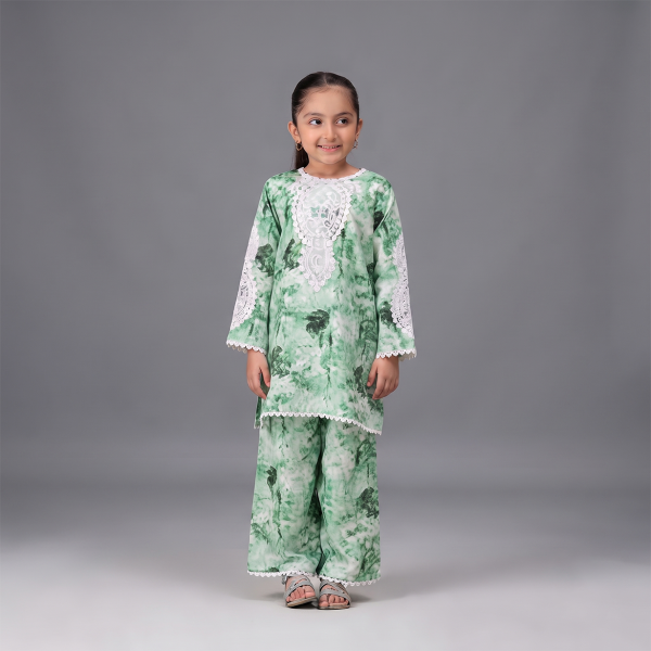Mint Green Tie-Dye Printed Girls’ 2-Piece Suit