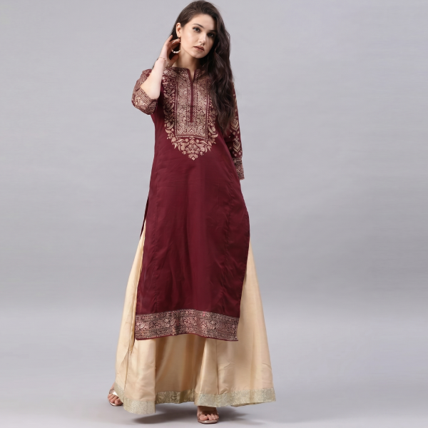 Maroon and Gold Embroidered Kurta Lehenga Set