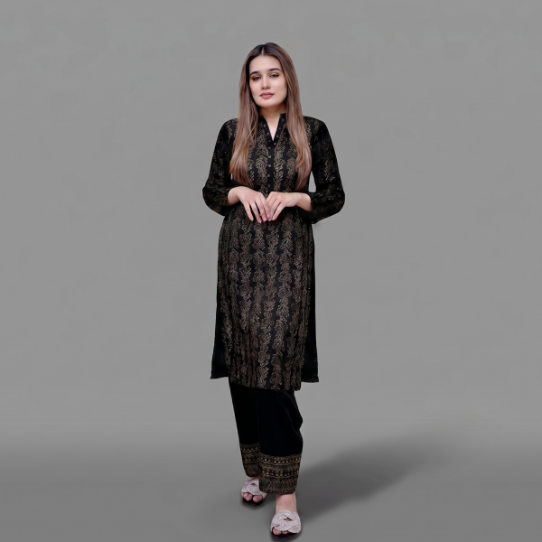 Black and Gold Floral Printed Kurta with Plain Trousers Set