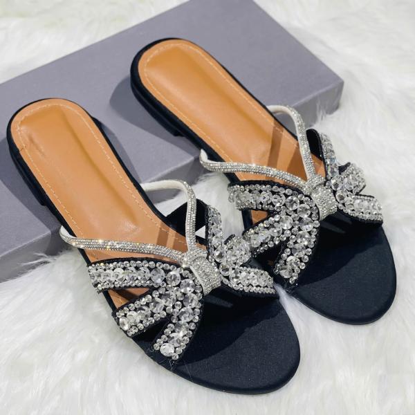 Luxury Black Rhinestone Bow Flat Slides for Women