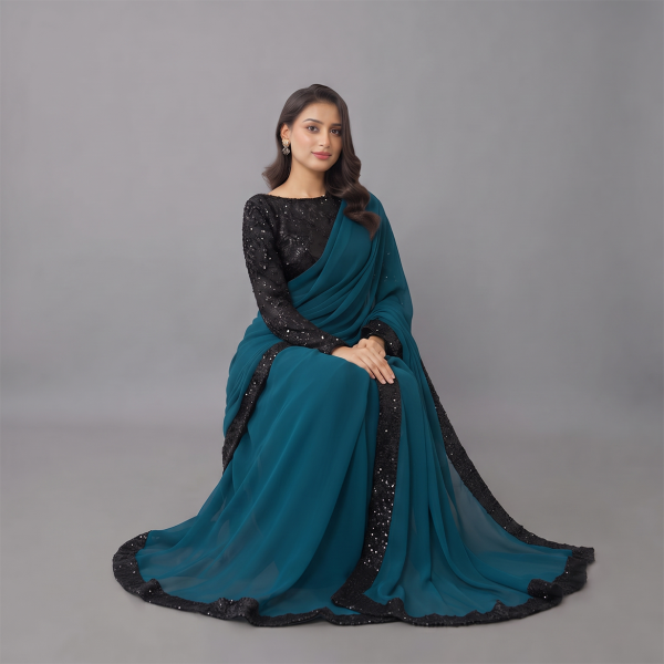 Midnight Glamour Teal Saree