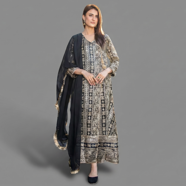 Embellished Black & Gold Angrakha Anarkali Set