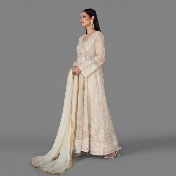 Embellished Ivory Angrakha Anarkali Set