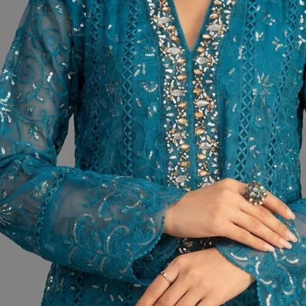 Blue Embellished A-Line Kurta
