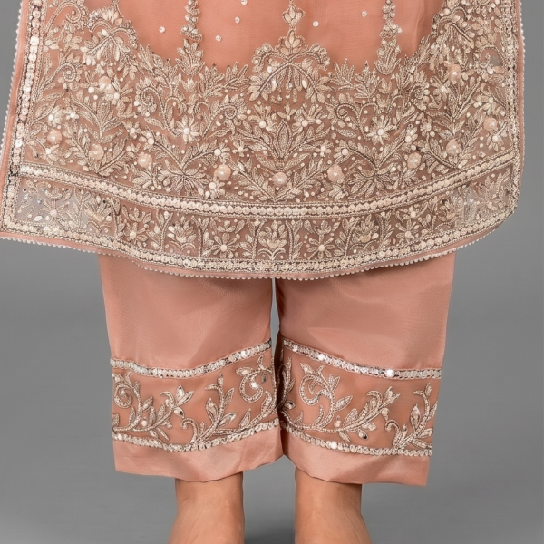 Dusty Peach Embellished Kurta with Matching Trousers