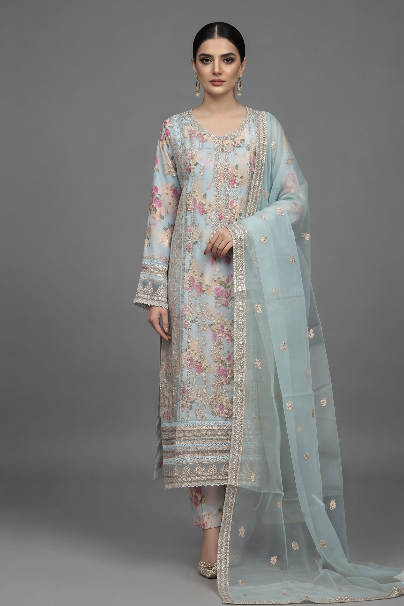 Sky Blossom Embroidered Luxury 3-Piece Suit