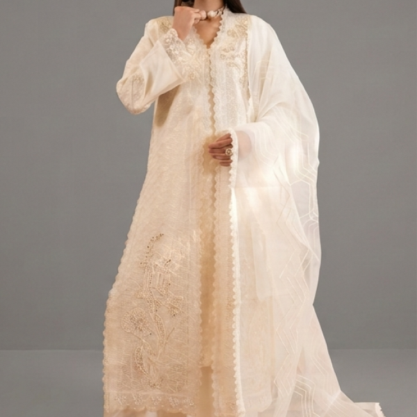 Ivory Textured Embellished Kurta with Matching Palazzo Pants