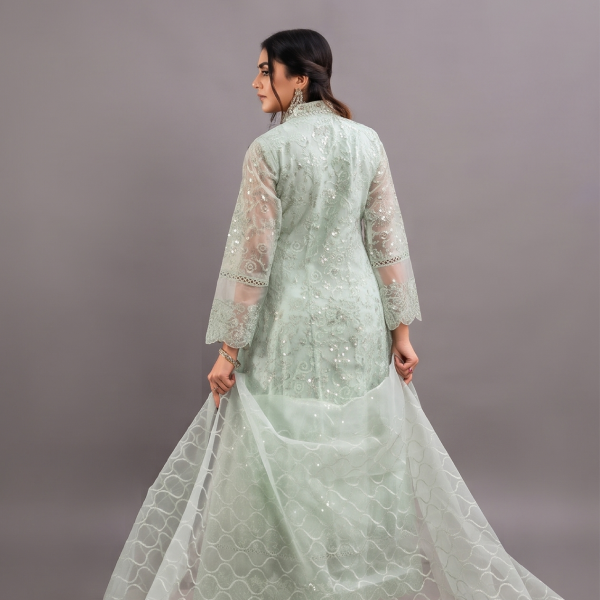 Mint Elegance Embroidered Anarkali with Organza Dupatta
