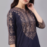 Women’s Navy Blue Printed Kurti with Beige Flared Lehenga