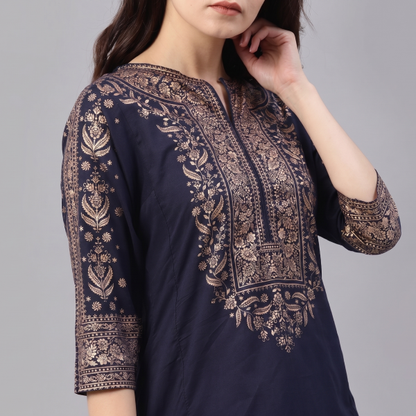 Women’s Navy Blue Printed Kurti with Beige Flared Lehenga