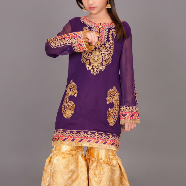 Royal Amethyst Embroidered Gharara Set for Girls