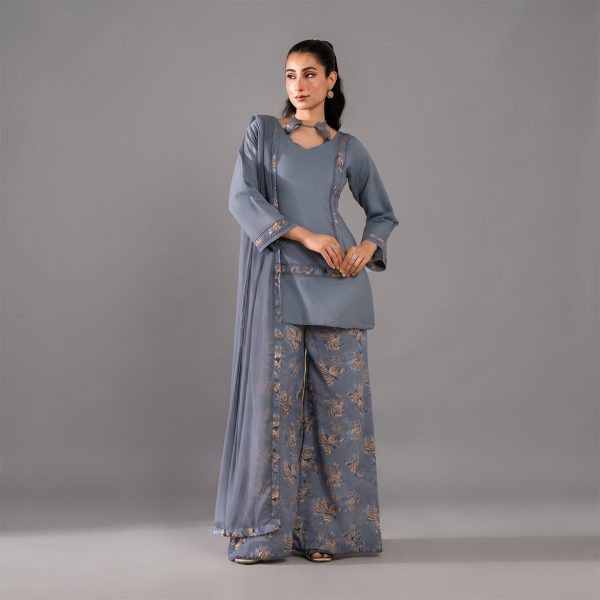 Slate Grey Floral Printed Palazzo Suit