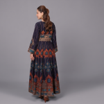 Women’s Navy Blue Flared Anarkali Maxi Kurti with Gold and Rust Border Details