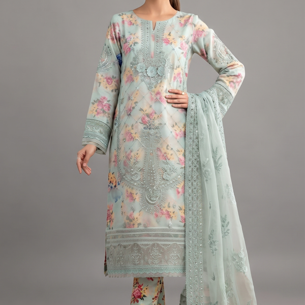 Mint Green Floral Embroidered Lawn Ensemble with Embellished Organza Dupatta