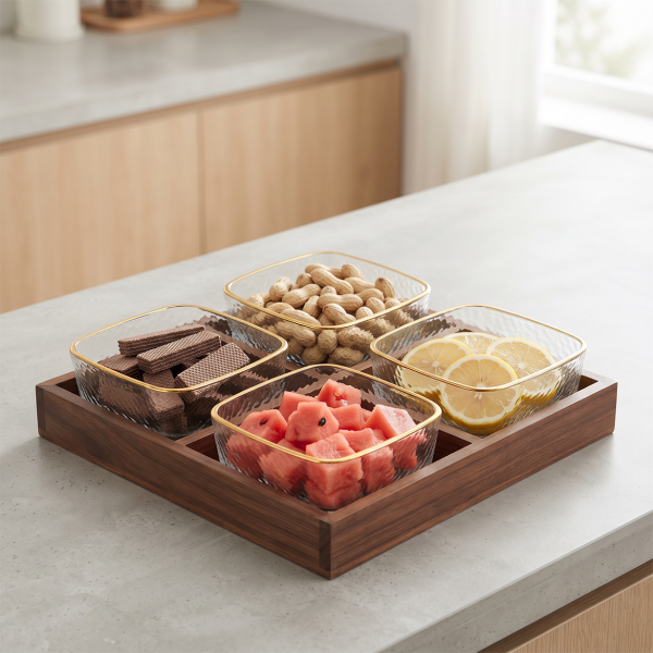 Walnut Fruit Plate Snack Storage Box Light Luxury High-end Glass Dried Fruit Plate