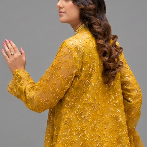 Mustard Yellow Minimalist Embroidered Organza Co-ord Set