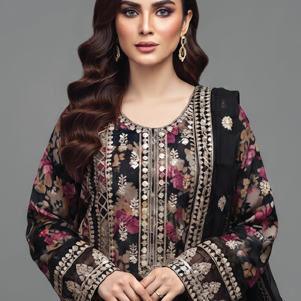 Midnight Blossom Embroidered Luxury Lawn Suit