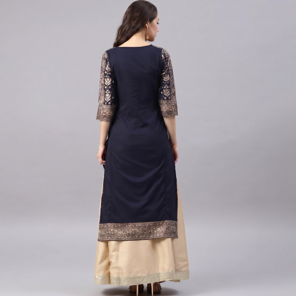 Navy and Gold Embroidered Kurta Lehenga Set