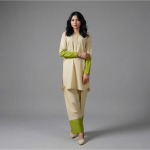 Beige Kurta Set with Lime Green Contrast Cuffs